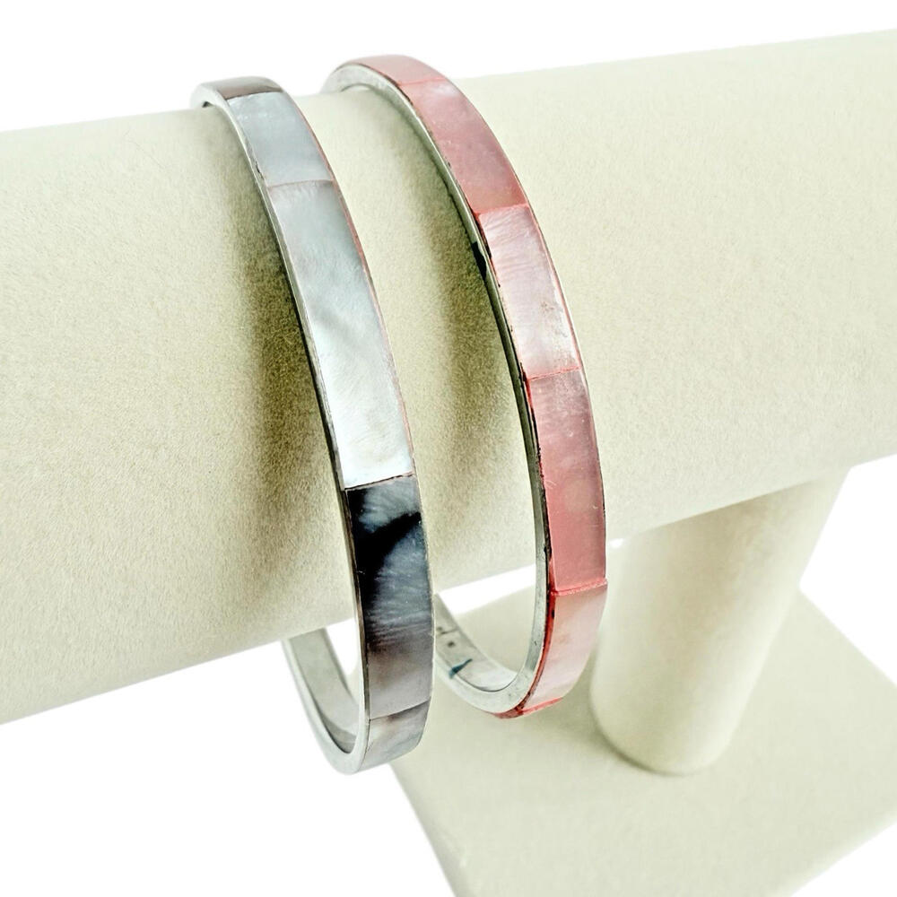Vintage Set of 2 Silver Tone Inlay Bangles Pink & Gray Shell MOP 7.75" 1/4" Wide